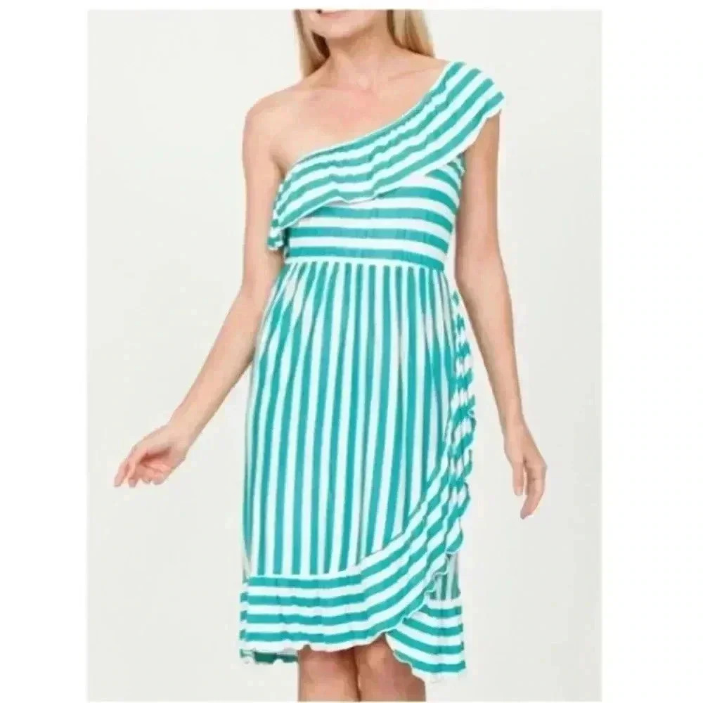 🆕Egs Jade & White Stripe Asymmetric Tulip-
Hem Midi Dress L🆕